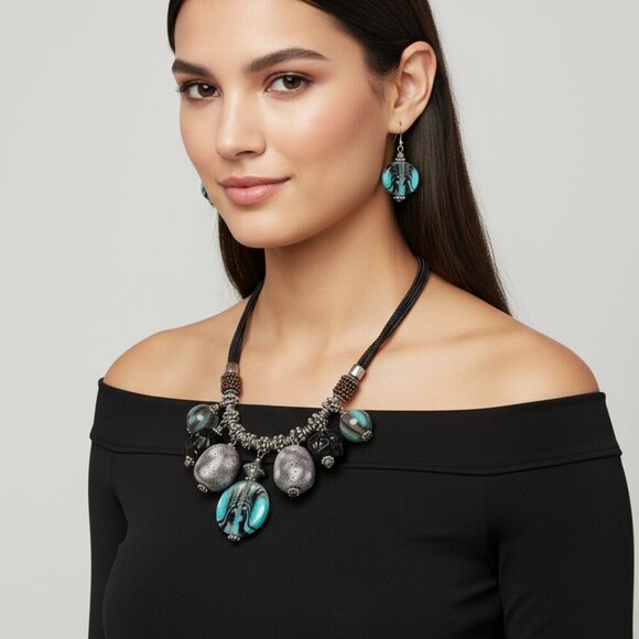 Sedona Sunset Chico's Statement Turquoise and Brown Beaded Necklace Set - Picture 8 of 9